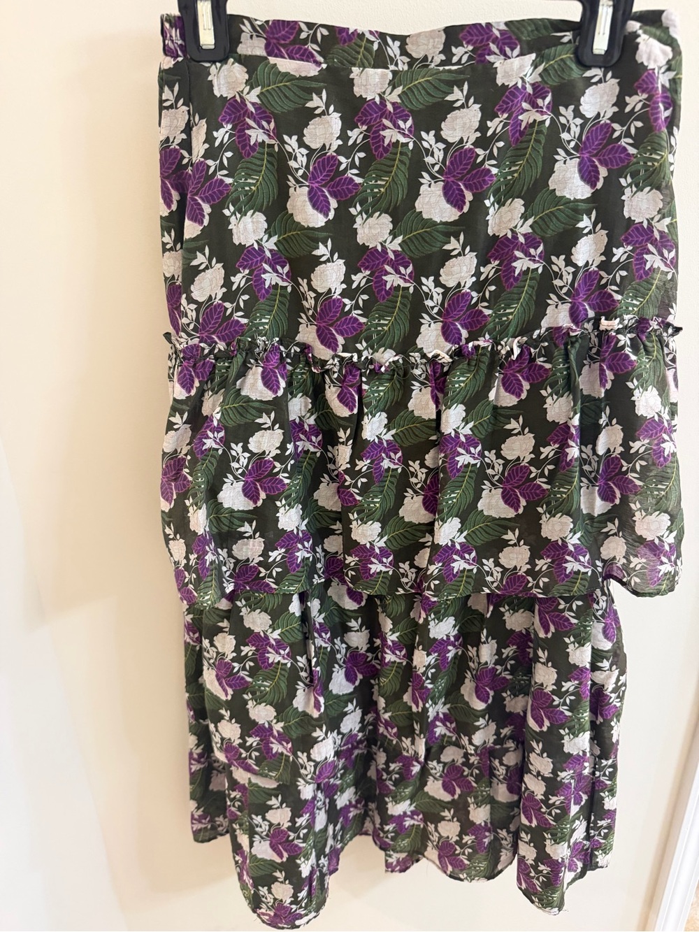Olive Green Floral Tiered Maxi Skirt, size M